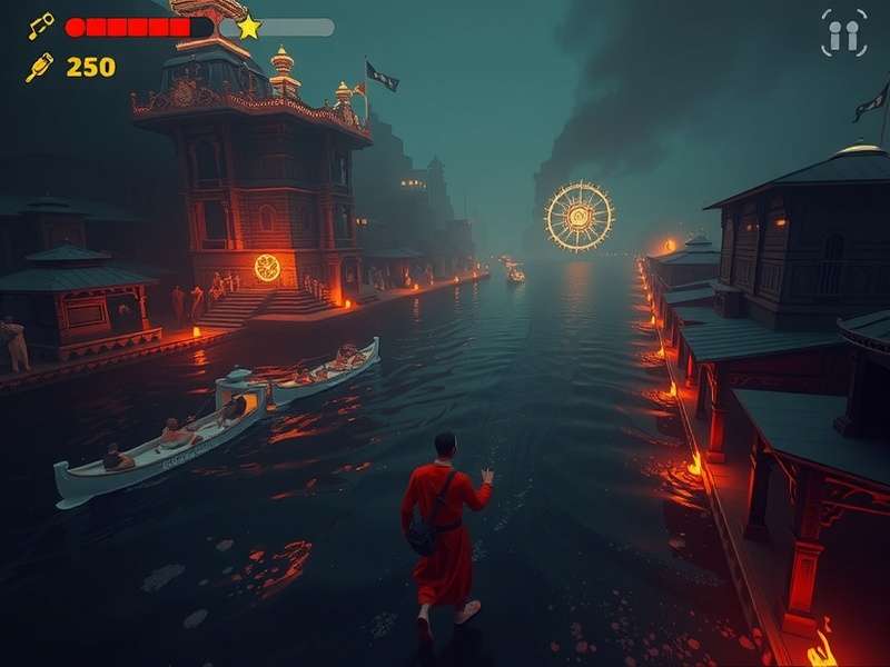 Varanasi Vex Spirit Chase gameplay screenshot showing a pilgrim navigating the ghats of Varanasi during Ganga Aarti while chasing spiritual entities